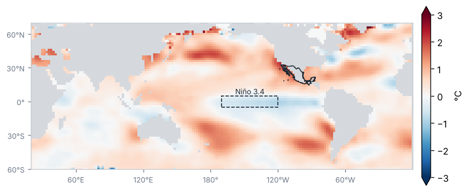 Anomalía de la temperatura superficial del mar, Enero 2026 (°C, 1991–2020)
