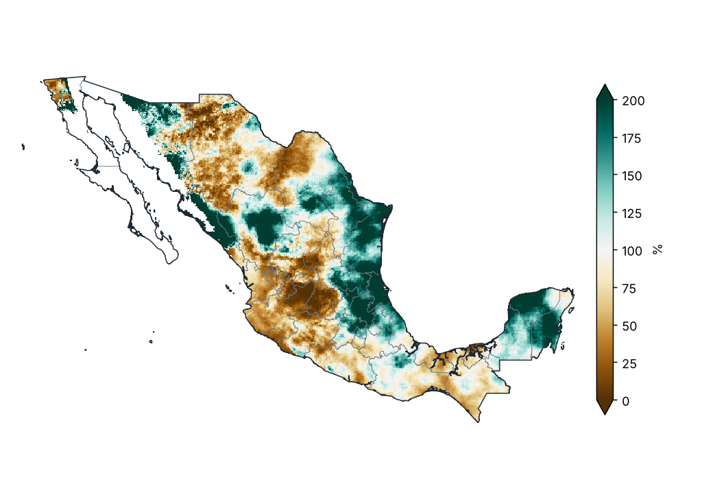Porcentaje de la precipitación normal (1991–2020)
