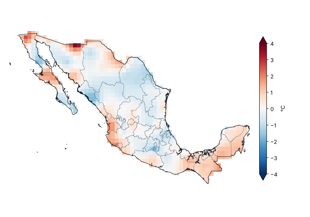Anomalía de temperatura mínima (1991–2020)