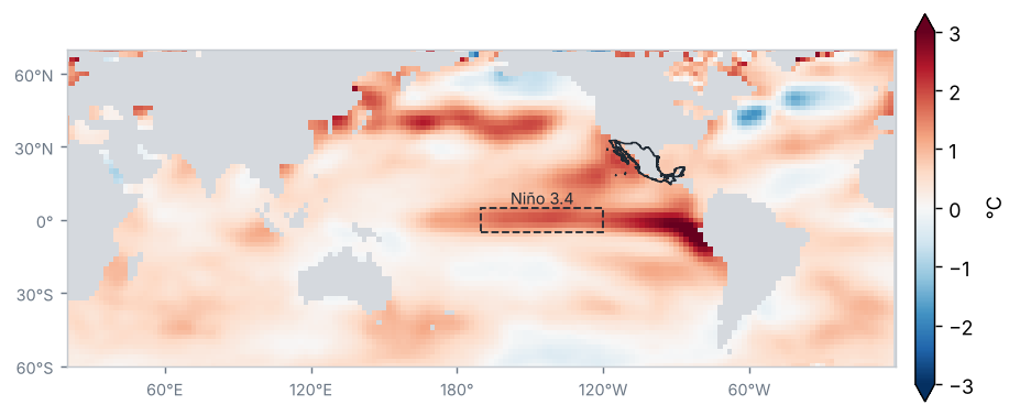 Anomalía de la temperatura superficial del mar, Junio 2026 (°C, 1991–2020)