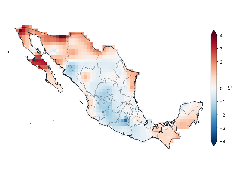 Anomalía de temperatura mínima (1991–2020)