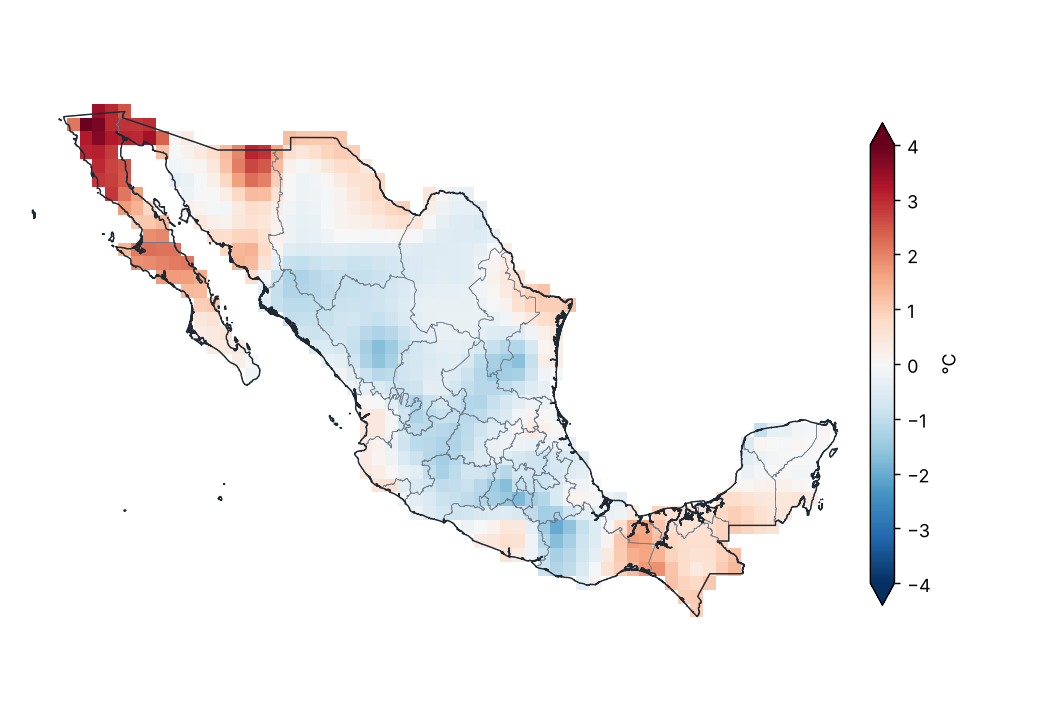 Anomalía de temperatura mínima (1991–2020)
