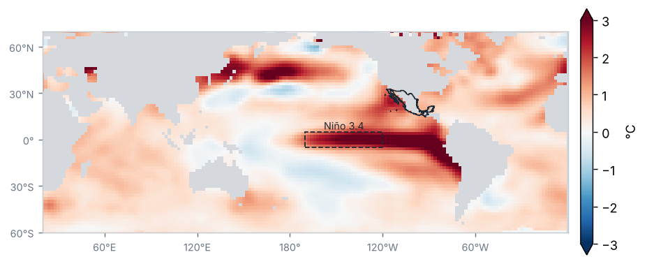 Anomalía de la temperatura superficial del mar, Agosto 2026 (°C, 1991–2020)