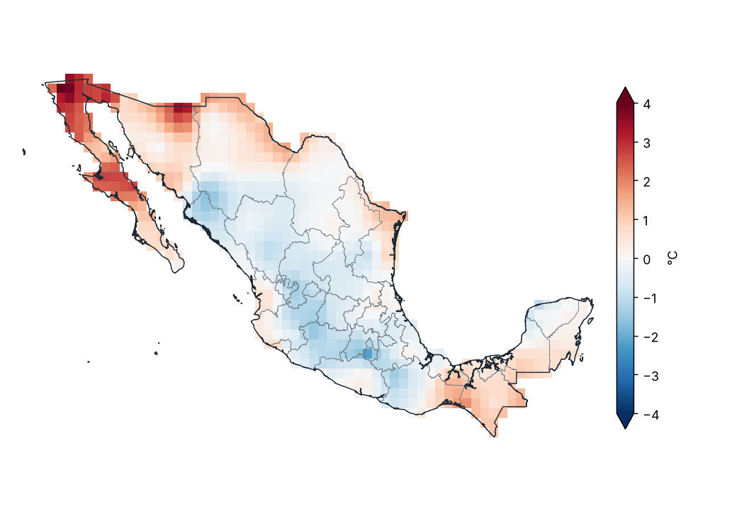 Anomalía de temperatura mínima (1991–2020)