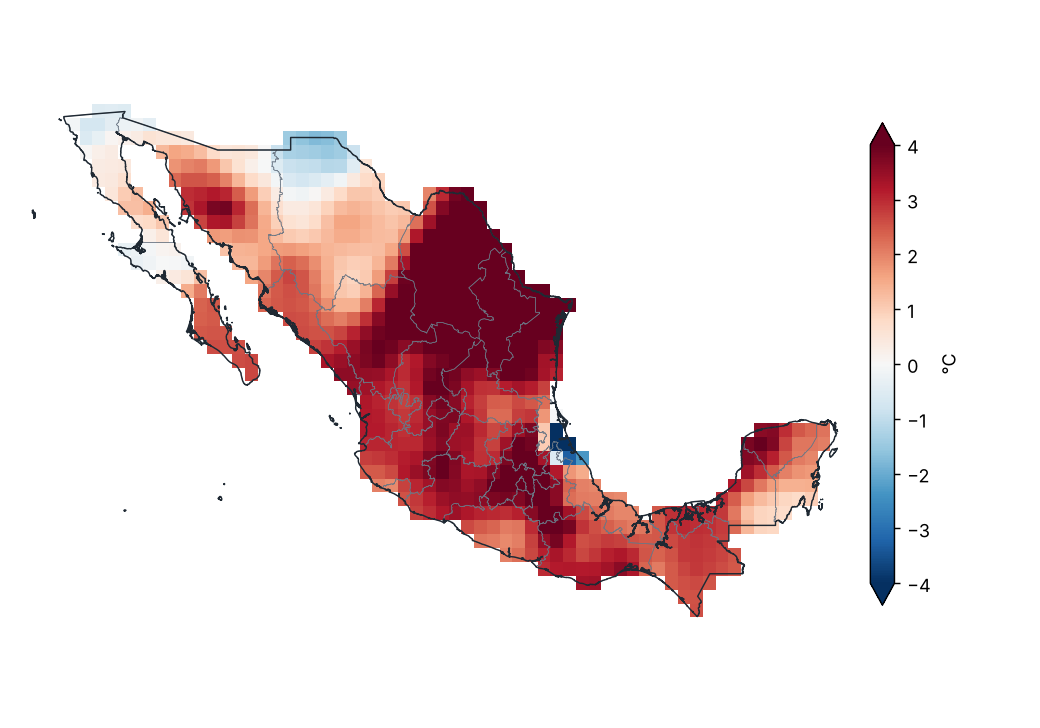 Anomalía de temperatura máxima (1991–2020)