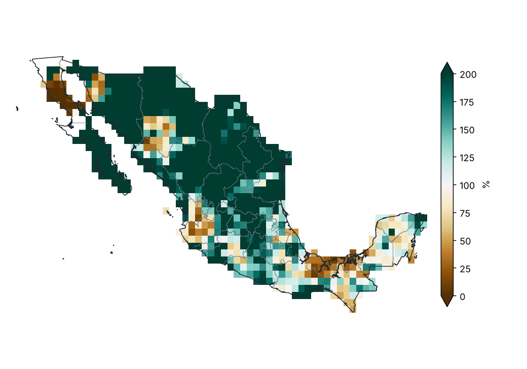 Porcentaje de la precipitación normal (1991–2020)