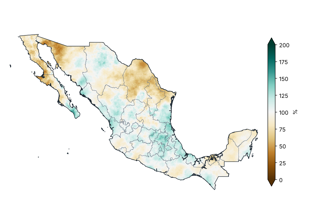 Porcentaje de la precipitación normal (1991–2020)