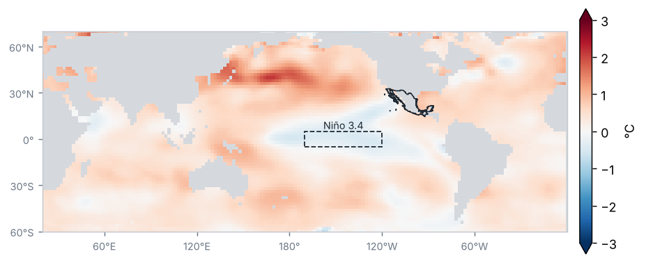Anomalía de la temperatura superficial del mar, Año 2025 (°C, 1991–2020)